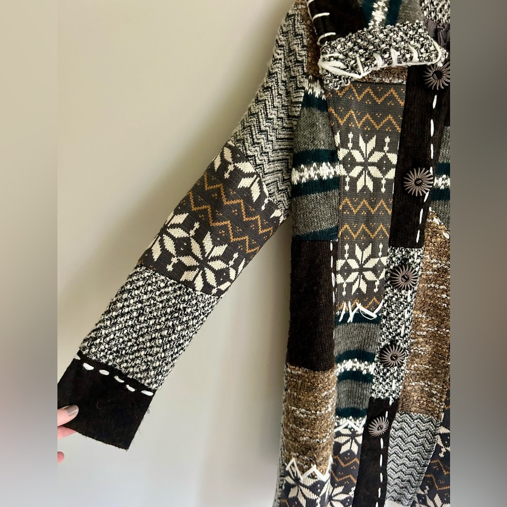 KESSLEY Patchwork Fair Isle Sweater Coat Boho Art Wear Nordic Lagenlook Sz Small - Picture 4 of 16